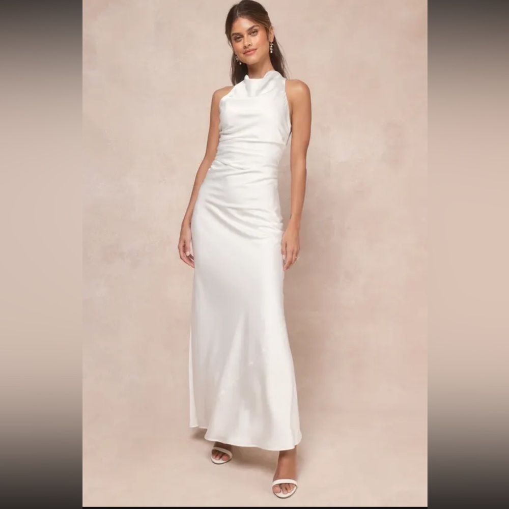Lulus Effortlessly Sensational Backless Satin Elegant White Sleeveless Dress